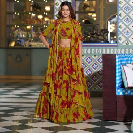 Olive Yellow Marble Lehenga Choli With Floral Print