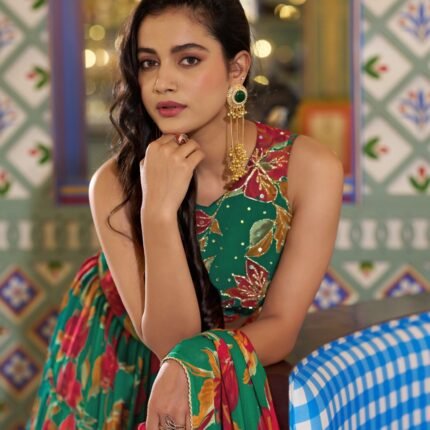 Green Marble Lehenga Choli With Floral Print