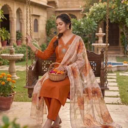 Rust Orange Roman Silk Kurti Suit Set With Beads Work