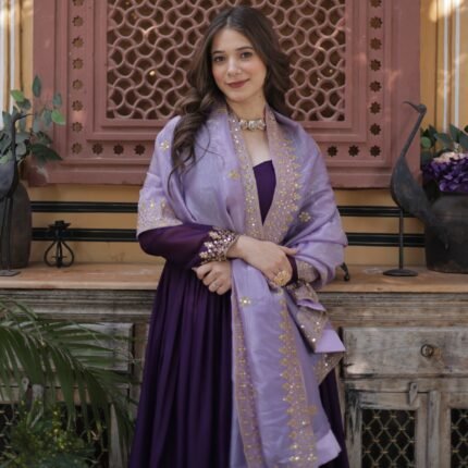 Purple Georgette Anarkali Set With Embroidery Zari Sequins Work