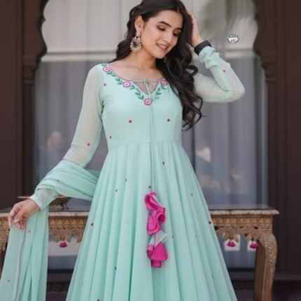 Classy Sky Blue Georgette Anarkali Set With Embroidery Work