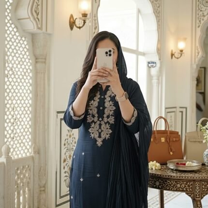 Black Rayon Slub Kurti Suit Set With Embroidery Work