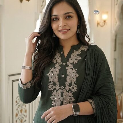 Dark Green Rayon Slub Kurti Suit Set With Embroidery Work