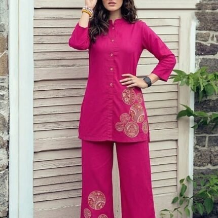 Trendy Rayon Slub Co-Ord Set With Beautiful Embroidery Work