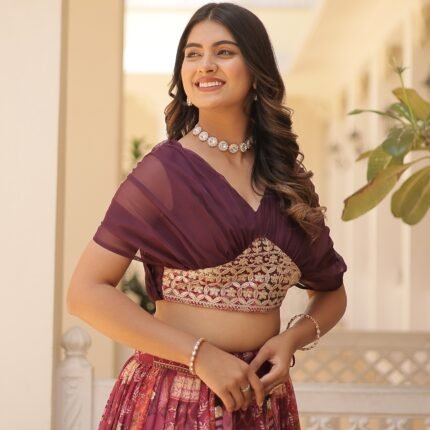 Wine Russian Silk Lehenga Choli With Foil Embroidery Work.