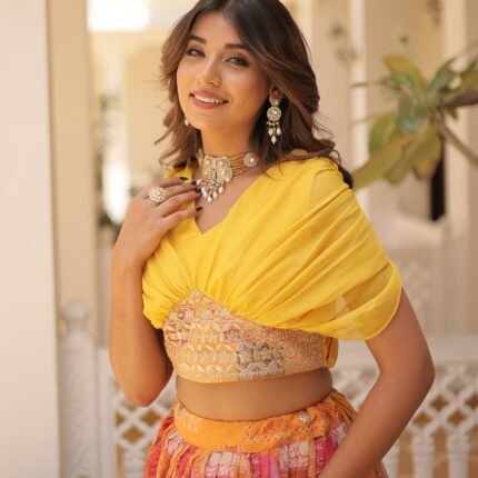 Orange Russian Silk Lehenga Choli With Foil Embroidery Work.